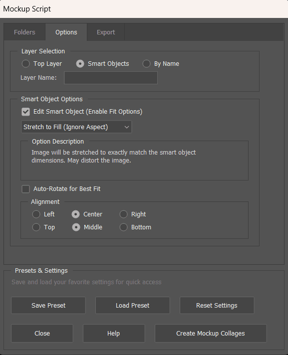 Mockup Script Options Tab Interface